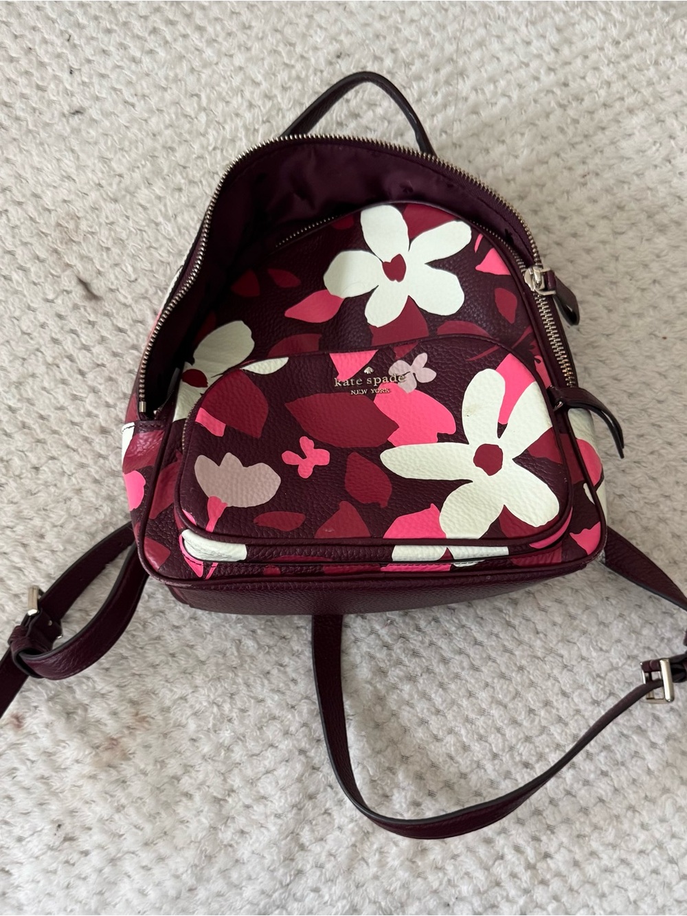 kate spade burgundy floral mini backpack with pink and white accents
